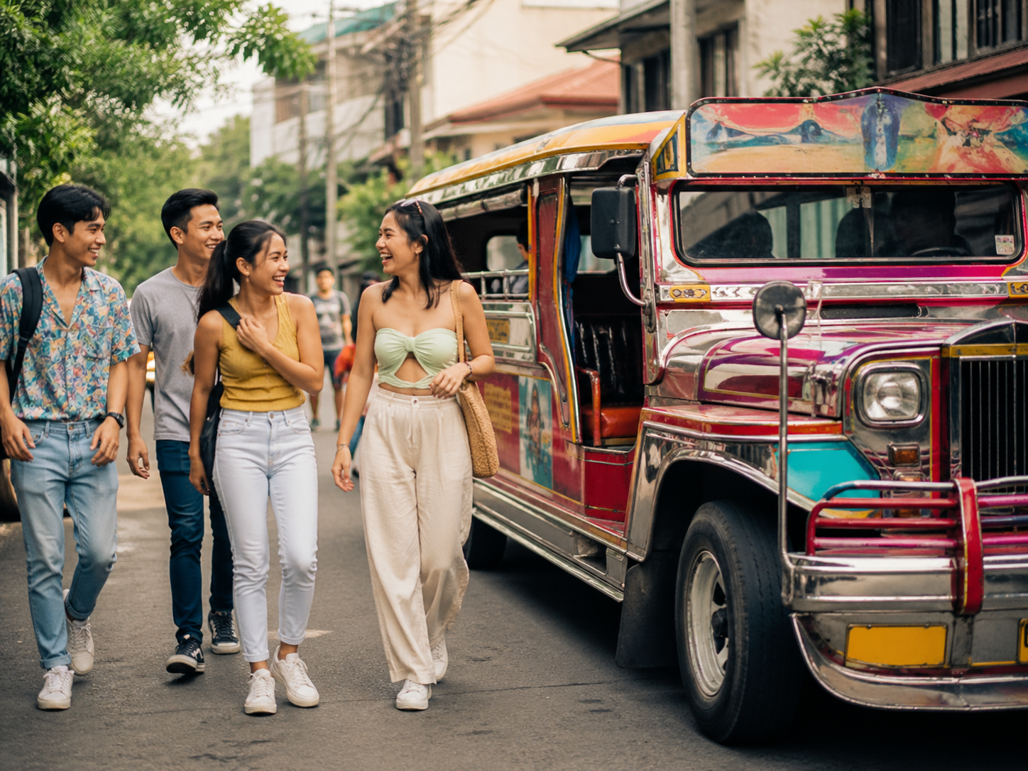 Colorful street scene with happy people and a jeepney in the Philippines