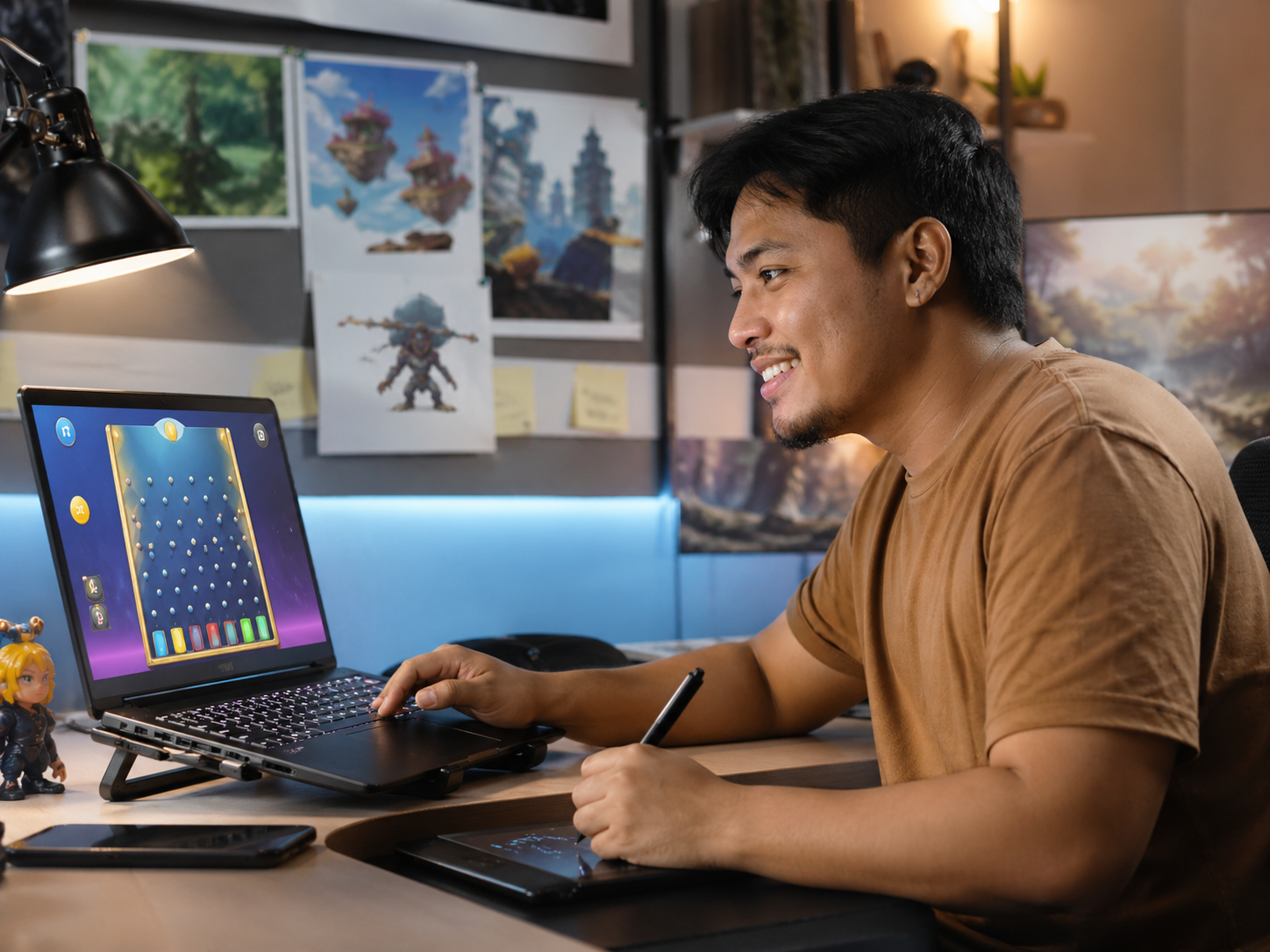 Indie developer working on a plinko game in a creative desk setup