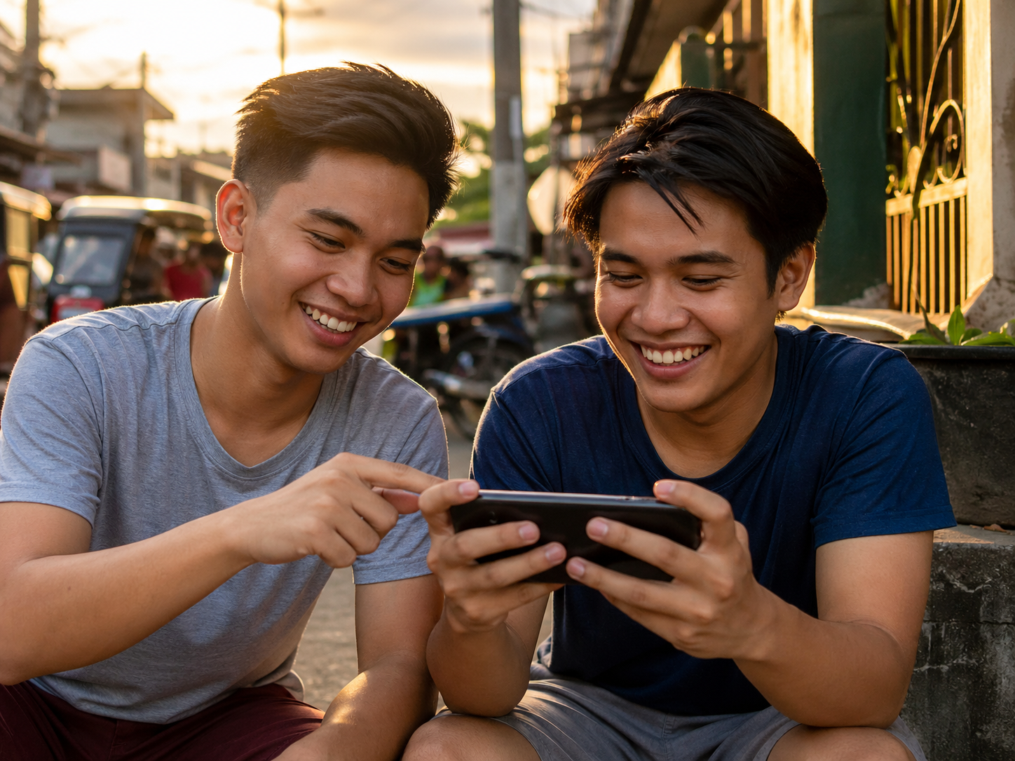 Two friends smiling while looking at a mobile screen together