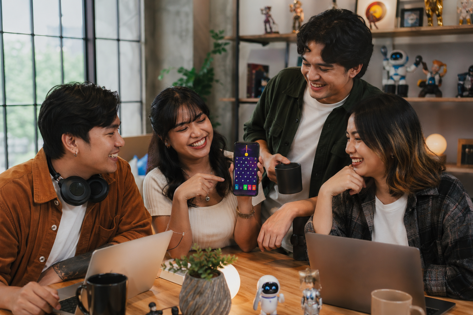 Happy friends in a cozy indoor studio environment enjoying a casual game together